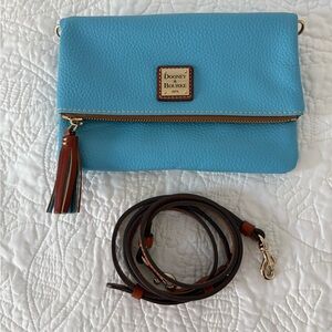 Dooney & Bourke Pebbled Leather Foldover Crossbody Clutch Blue Tassel